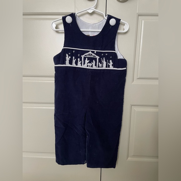 Navy Christmas Smocked Overalls - Picture 1 of 5